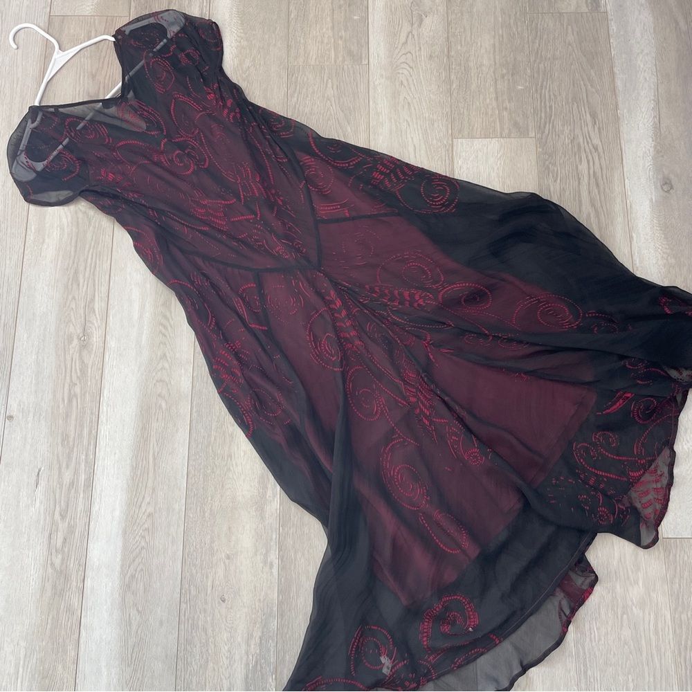 Citron Silk Dress peacock sheer midi womens Black Red medium whimsigoth feminine - Picture 7 of 7